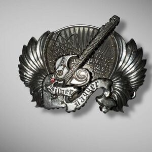 RARE Silver Dagger Belt Buckle Heavy‎ Jeweled Guitar Winged Dagger